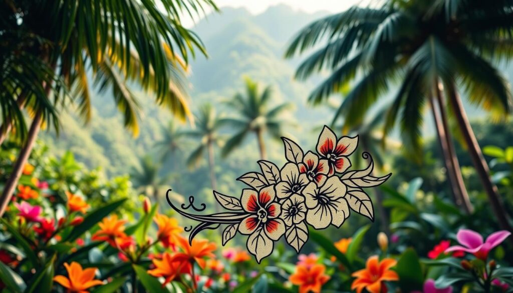 A lush tropical landscape with vibrant greenery and colorful flowers serves as the backdrop for a striking Hawaiian tattoo design. In the foreground, a hand-drawn tattoo motif featuring traditional Hawaiian symbols and patterns stands out in bold, saturated colors. The tattoo art is rendered with intricate linework and organic, flowing shapes that capture the essence of Hawaiian culture. Soft, diffused lighting from above casts gentle shadows, adding depth and dimensionality to the scene. The overall composition exudes a sense of cultural pride, artistry, and the enduring legacy of Hawaiian tattooing.