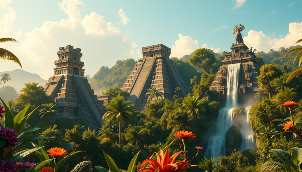 A lush, verdant jungle landscape, with towering, ancient Aztec stone temples and pyramids emerging from the foliage. In the foreground, iconic Aztec deities such as Quetzalcoatl, the feathered serpent, and Tlaloc, the god of rain and fertility, stand majestically amidst a riot of natural elements - vibrant tropical flowers, cascading waterfalls, and swirling mists. The scene is bathed in warm, golden light, creating a sense of timeless, mystical wonder. The composition is balanced and harmonious, capturing the deep spiritual connection between the Aztec pantheon and the natural world. Realistic, highly detailed, cinematic, 8K resolution.