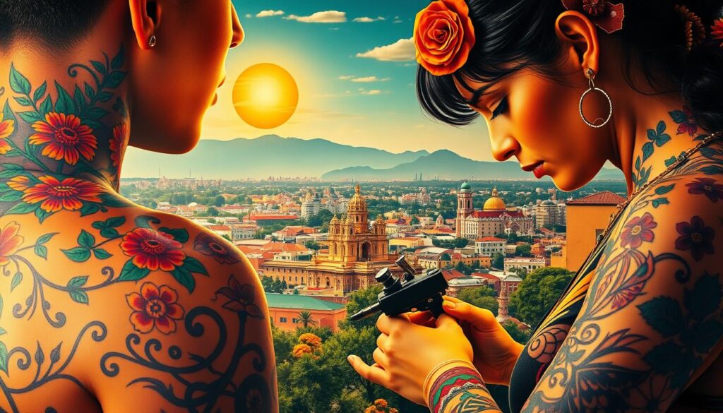 A lush, vibrant mural depicting the rich heritage of Mexican tattoo art. In the foreground, intricate, colorful tattoo designs adorn the skin of a model, capturing the precision and artistry of traditional Mexican tattooing. In the middle ground, a skilled tattoo artist works diligently, their tattooing machine buzzing against a backdrop of Mexican cultural icons - vibrant textiles, marigold flowers, and a shimmering sun. The background is a panoramic vista of a bustling Mexican city, with towering cathedrals, colorful buildings, and the silhouettes of distant mountains. The scene is bathed in warm, golden light, conveying a sense of cultural pride and artistic passion.