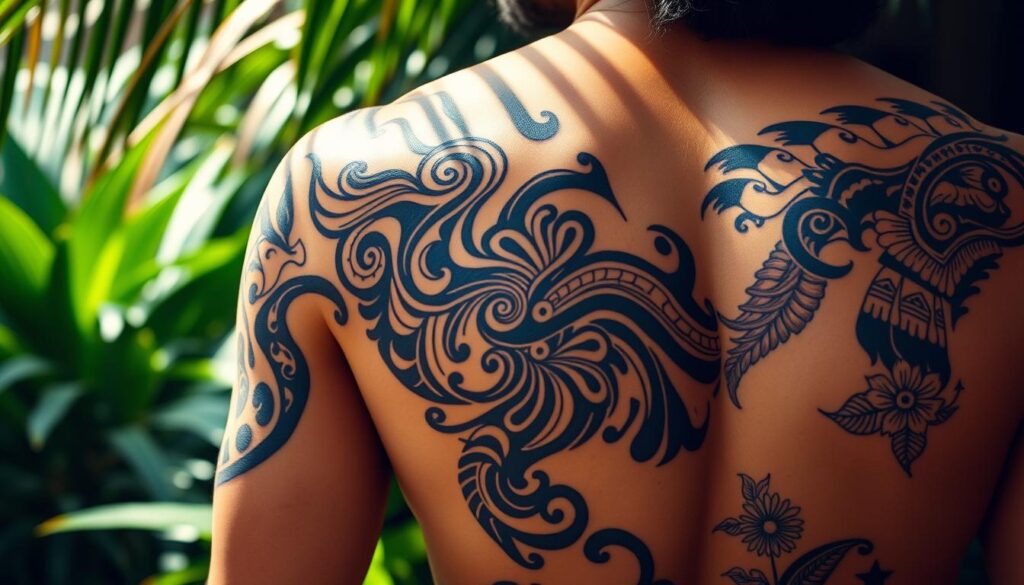 A majestic Polynesian tattoo design, showcasing the rich cultural heritage and intricate symbolism of the Hawaiian islands. The central motif is a striking tribal pattern, with interlocking waves and spirals that flow across the skin like a fluid dance. Surrounding this are detailed carvings of sacred animals and flora, each holding deep ancestral meaning. The lighting is natural and warm, highlighting the tactile texture of the ink as it melds with the subject's skin. The composition is balanced, with the tattoo occupying the central focus, framed by a lush, verdant backdrop that evokes the verdant landscapes of the Hawaiian archipelago. An aura of reverence and timelessness permeates the scene, capturing the ancient origins and enduring significance of this powerful art form.