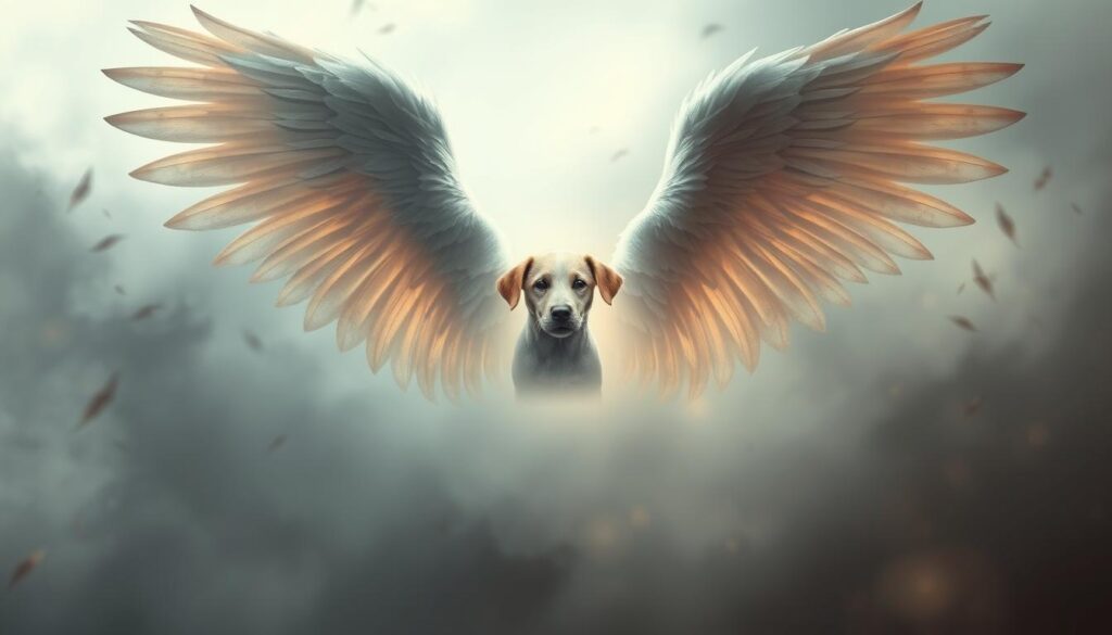 A majestic angel wings tattoo against a dreamy, ethereal backdrop. The wings, delicately rendered in shades of white and gray, emanate a serene, otherworldly presence. In the center, a loving dog portrait is nestled within the wings, capturing the bond between a cherished pet and its guardian. Soft, diffused lighting casts a warm, contemplative glow, evoking a sense of comfort and remembrance. The design is minimalist yet powerful, a symbolic tribute to the enduring memory of a loyal companion. Subtle textures and a hazy, atmospheric environment contribute to the overall sense of serenity and reverence.