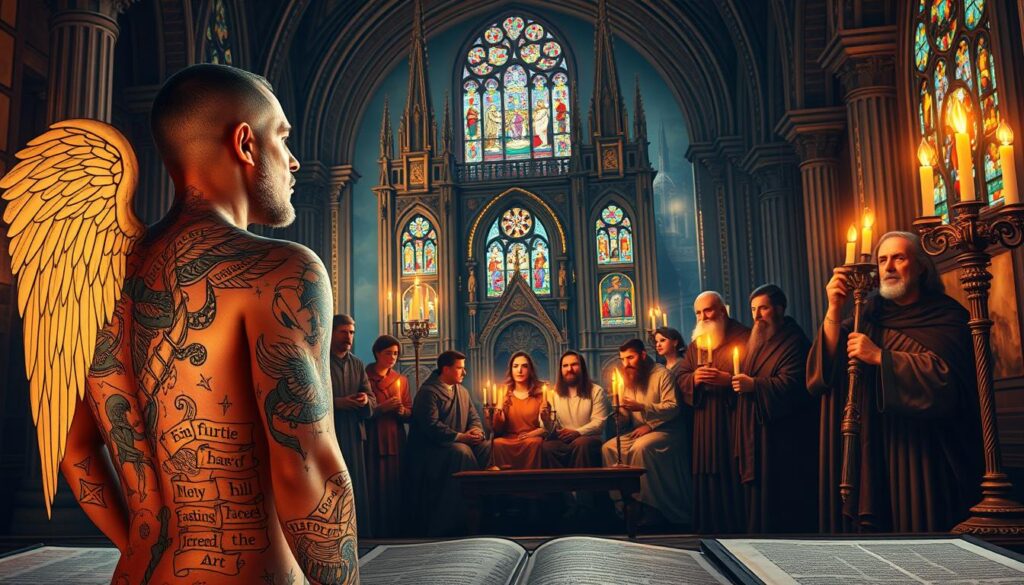 A majestic biblical scene depicting various interpretations of tattoos. In the foreground, intricate biblical imagery of angels, scrolls, and symbols are etched onto a human figure, their skin a canvas of divine expression. In the middle ground, a group of religious scholars debate the meaning and significance of these sacred markings, their faces lit by the warm glow of candlelight. In the distant background, a grand cathedral stands tall, its stained glass windows casting a kaleidoscope of colors upon the scene, a testament to the enduring conflict between tradition and modernity.