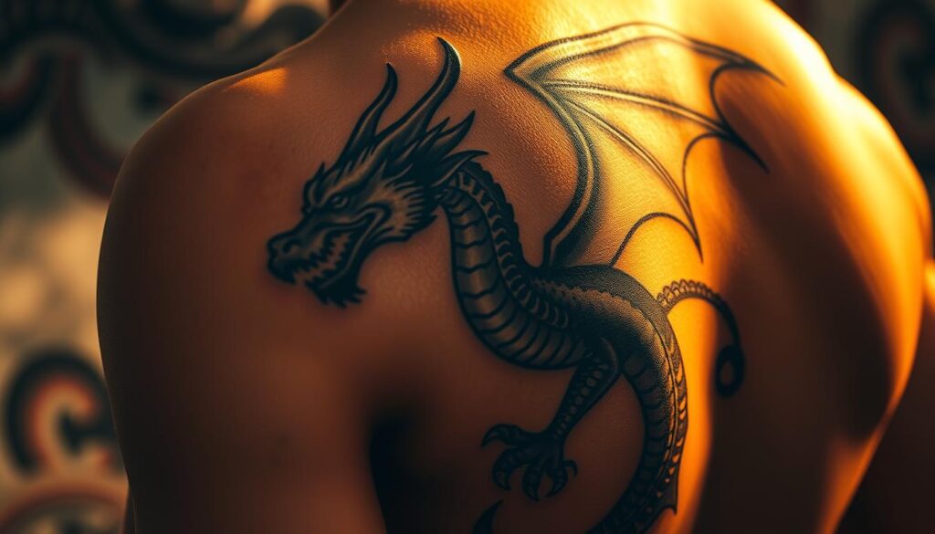 A majestic dragon tattoo, its wings unfurled and scales shimmering, dominates the center of the frame. The intricate design is rendered in a bold, high-contrast style, with deep shadows and vivid highlights that give the tattoo a sense of depth and dimension. The skin around the tattoo is textured and lifelike, with pores and slight imperfections that lend an authentic, lived-in quality to the image. The lighting is dramatic, with a warm, golden glow illuminating the tattoo from one side, casting dramatic shadows and creating a sense of depth and volume. The background is blurred and out of focus, allowing the viewer to concentrate on the striking tattoo design. The overall mood is one of power, strength, and individuality, reflecting the bold and expressive nature of body art.