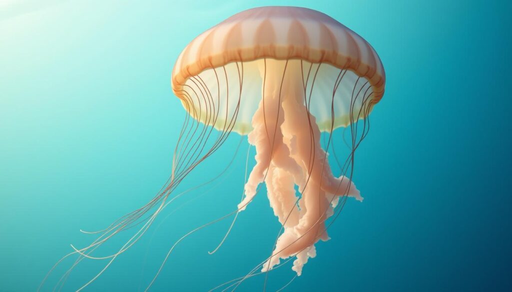 A majestic jellyfish drifting through a serene, underwater seascape. The translucent, billowing tentacles gracefully sway, emanating a sense of tranquility and mystery. The jellyfish's delicate, otherworldly form is illuminated by soft, diffused lighting, casting a warm, ethereal glow. In the background, a hazy, aquamarine backdrop creates a sense of depth and dimension, evoking the vast, unknown depths of the ocean. The overall scene conveys the jellyfish's symbolic representation of transformation, adaptability, and the fragile beauty of nature.
