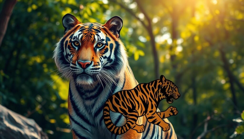 A majestic tiger, its stripes vivid and powerful, dominates the center of the frame. Its gaze is intense, conveying a sense of strength and purpose. The tiger's fur is meticulously rendered, with a tactile, almost lifelike quality. In the background, a lush, verdant forest provides a natural setting, the dappled sunlight filtering through the leaves and casting a warm, golden glow. In the foreground, a detailed tiger tattoo emerges, the intricate design flowing seamlessly with the animal's form, symbolizing the deep connection between humans and nature, and the importance of conservation efforts to protect these magnificent creatures.