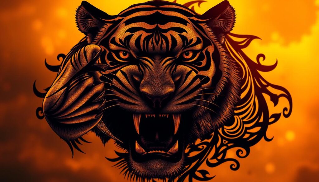 A majestic tiger's head, its piercing eyes and snarling, fanged jaws dominating the foreground. The tiger's stripes shimmer across its powerful neck and shoulders, exuding raw, untamed strength. In the middle ground, the tiger's ink-black outline morphs into intricate tribal patterns, swirling and intertwining to form a captivating, dynamic tattoo design. The background is bathed in a warm, golden light, casting a dramatic, almost mystical glow over the entire scene. The overall composition conveys the tiger's symbolic power, ferocity, and connection to ancient, primal forces.