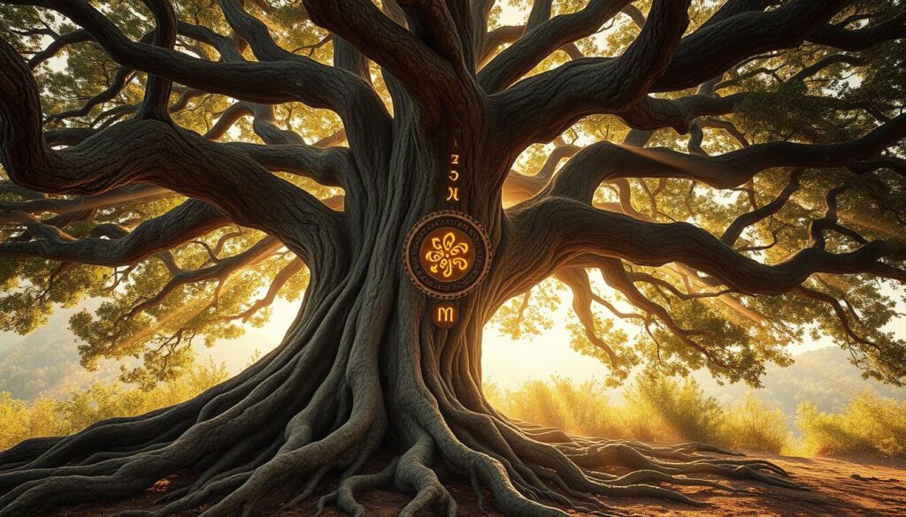 A majestic tree with twisted, gnarled branches reaching towards the heavens. The intricate, spiraling pattern of the trunk symbolizing the eternal cycle of life, death, and rebirth. Delicate, glowing runes are etched into the weathered bark, radiating an otherworldly energy. Beneath the canopy, a tapestry of intertwined roots emerges from the earthy ground, representing the interconnectedness of the nine realms of Norse mythology. Shafts of warm, golden light filter through the dense foliage, casting a mystical, ethereal glow upon the scene. The entire composition evokes a sense of ancient wisdom and the profound mysteries of the Viking cosmology.