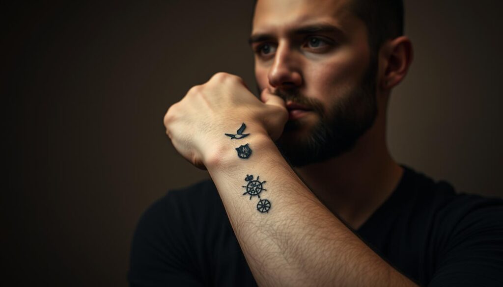 A man's arm with a thoughtful, introspective expression, the skin a canvas for a series of small, meaningful tattoos - a bird in flight, a family crest, a symbolic compass. The tattoos appear delicately rendered, with attention to fine detail and shading. The arm is set against a muted, warm-toned background, suggesting a somber, reflective mood. The lighting is soft and diffused, creating a sense of intimacy and reverence. The composition draws the viewer's gaze to the tattoos, inviting them to contemplate the personal significance and legacy they represent.