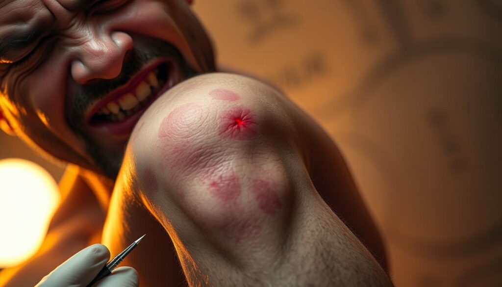 A man's leg, knee prominently displayed, as he winces in pain. The skin on his knee is flushed, veins visible, muscles tense. The tattoo artist's needle dances across the skin, leaving a trail of fresh ink. The subject's face is contorted, eyes squeezed shut, teeth gritted. Soft, warm lighting accentuates the details, creating a sense of intimacy and vulnerability. The background is hazy, blurred, drawing all attention to the focal point of the knee. The scene conveys the intensity and discomfort of the tattoo process, capturing the pain level experienced during this particular body art.