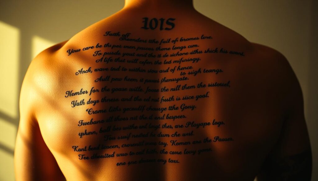 A man's muscular back and shoulders, the skin adorned with intricate Bible verse tattoos. The verses, rendered in elegant calligraphy, wind across the contours of the body, each line a testament to the wearer's faith. The lighting is soft and warm, casting a gentle glow on the inked skin. The camera angle is slightly elevated, capturing the tattoos in striking detail while preserving the subject's dignity. The overall mood is one of quiet contemplation, a reverent and soulful exploration of the intersection between spirituality and self-expression.