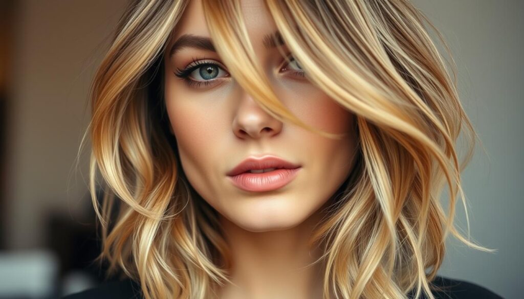 A medium-length wolf cut hairstyle with soft, layered waves framing the face. The hair has a natural, textured look with some volume and movement. Lighting is soft and diffused, creating a warm, flattering glow. The angle is a close-up, three-quarter view to showcase the shape and layers of the cut. The overall mood is effortless, modern, and slightly edgy, reflecting the bold yet feminine style of the wolf cut.