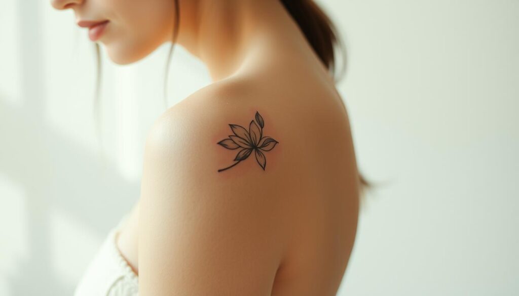A medium-sized tattoo design featuring a delicate floral motif, showcased on the upper arm or shoulder. The tattoo is depicted in a soft, muted color palette, with a balance of fine linework and subtle shading. The design is visually striking yet elegant, complementing the natural curves of the body. The lighting is natural and diffused, creating a serene, contemplative atmosphere. The perspective is slightly angled, emphasizing the placement of the tattoo and its harmonious integration with the model's physique. The overall mood evokes a sense of personal expression and understated beauty.