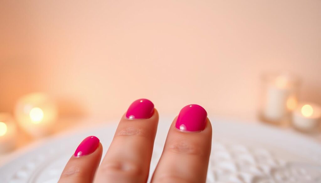 A meticulously crafted, salon-quality dip manicure with a smooth, shiny finish. In the foreground, a set of delicate fingers elegantly display the vibrant, glossy color of the dip powder polish. The middle ground showcases the precise application, with the powder seamlessly blended and contoured to the natural curves of the nails. In the background, a softly lit, minimalist setting, creating a sense of tranquility and attention to detail. Warm, diffused lighting casts a subtle glow, emphasizing the depth and luster of the manicure. The overall scene conveys the luxurious experience and professional-grade results of a dip powder nail treatment.