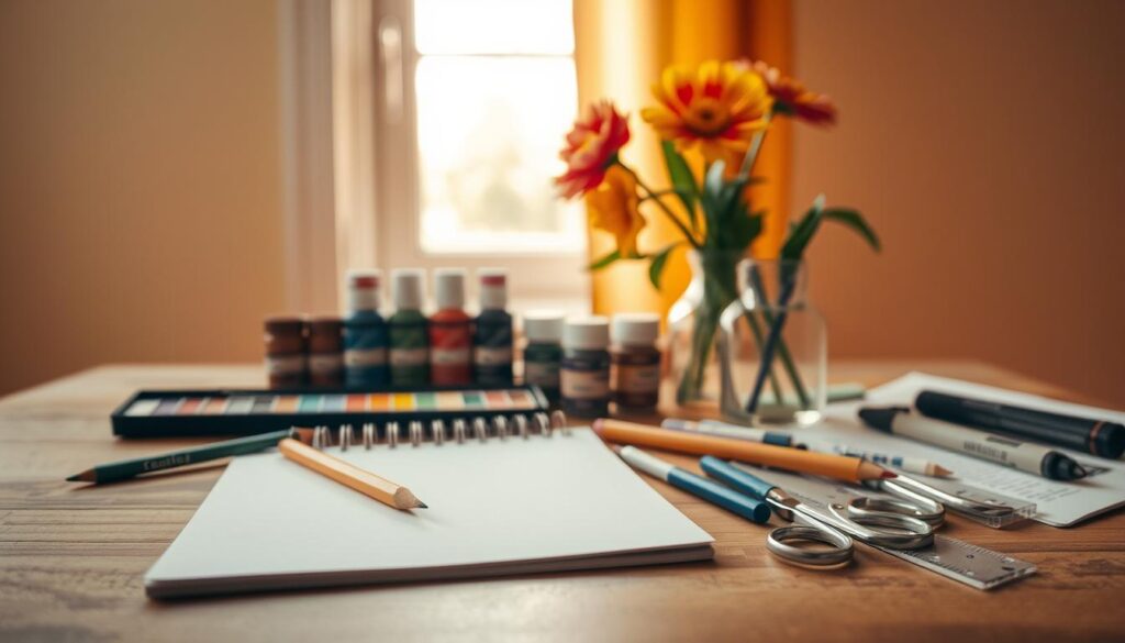 A meticulously crafted still life scene of everyday objects set against a warm, soft-lit backdrop. In the foreground, a collection of familiar items - a sketchbook, a sharpened pencil, a pair of scissors, a ruler, and a set of paints - artfully arranged on a wooden surface. The middle ground features a vase of fresh flowers, their vibrant petals adding a touch of natural beauty. Subtly positioned in the background, a window allows natural light to filter in, casting a gentle glow over the entire composition. The overall mood is one of quiet contemplation, inviting the viewer to be inspired by the simplicity and versatility of these everyday drawing tools.