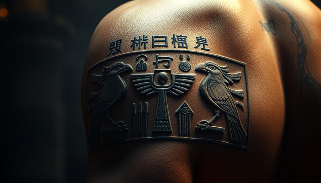 A meticulously detailed ancient Egyptian hieroglyphic tattoo design, rendered in a moody, atmospheric style. The foreground features an intricately carved, multi-layered pattern of hieroglyphic symbols and iconography, including the ankh, scarab, and falcon motifs. The middle ground showcases the tactile, textured quality of the skin, with the hieroglyphics appearing as if they have been hand-carved into the flesh. The background evokes the mystic ambiance of an ancient Egyptian temple, with dramatic, low-angled lighting casting dramatic shadows and highlights across the design. The overall tone is one of reverence, tradition, and a deep connection to the rich cultural heritage of ancient Egypt.