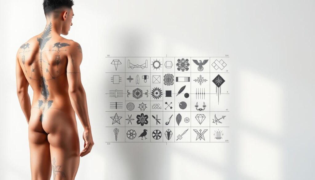 A meticulously planned patchwork tattoo strategy, showcased against a clean, minimalist background. In the foreground, a detailed anatomical diagram highlights the optimal tattoo placement areas across the body, annotated with precise measurements and coordinates. The middle ground features a grid-like layout of various tattoo design elements - geometric shapes, abstract patterns, and iconic symbols - arranged in a harmonious, modular composition. Soft, directional lighting casts subtle shadows, emphasizing the three-dimensional nature of the tattoo placements. An overall sense of order, structure, and considered approach pervades the scene, reflecting the thoughtful planning process behind a cohesive patchwork tattoo collection.