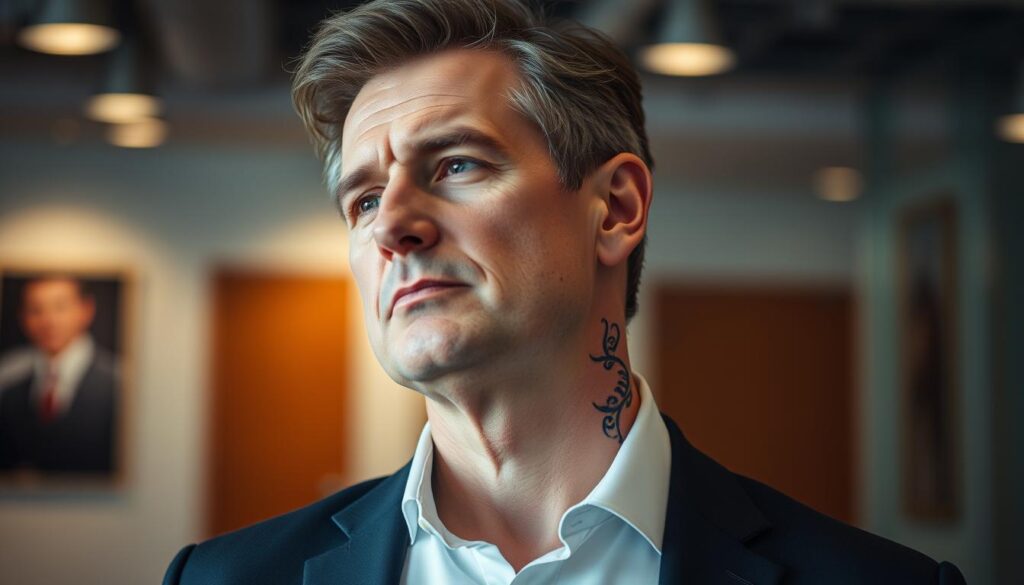 A middle-aged man with a thoughtful expression stands in a professional office setting, his neck adorned with elegant, minimalist tattoos that convey a sense of refinement and personal style. The lighting is soft and flattering, highlighting the details of the tattoos and the man's face. The background is blurred, placing the focus on the subject's neck and upper body. The overall mood is one of subtle sophistication, suggesting that well-designed neck tattoos can be compatible with a professional appearance.