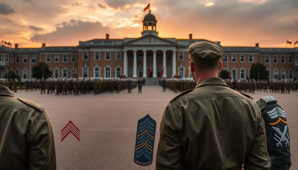 A military parade ground at sunset, the backdrop of a grand colonial-style building. In the foreground, a collage of historical military tattoo policies, represented by soldiers' arm patches and insignia from different eras, tracing the evolution of regulations. Muted tones of olive, khaki, and gold convey a sense of tradition and authority. Crisp, high-contrast lighting highlights the details of the uniforms and tattoo designs, creating a sense of dignity and gravitas. The scene suggests the careful balancing of military discipline and individual expression, as the policies have adapted over time.