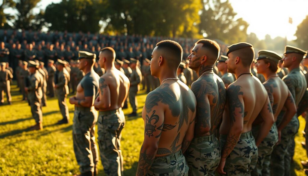 A military parade ground, brightly lit by golden sunlight, as soldiers stand in crisp formation. In the foreground, a group of diverse service members proudly displaying their authorized tattoos - intricate designs, symbolic motifs, and personal expressions adorning their arms, shoulders, and legs. The mood is one of camaraderie, discipline, and a sense of inclusivity, reflecting the military's evolving stance on tattoo acceptance. The camera captures this scene with a wide, cinematic angle, highlighting the grand scale of the event and the unity of the troops. Subtle depth of field blur emphasizes the focal point of the showcased tattoos, making them the visual centerpiece of this empowering military tableau.