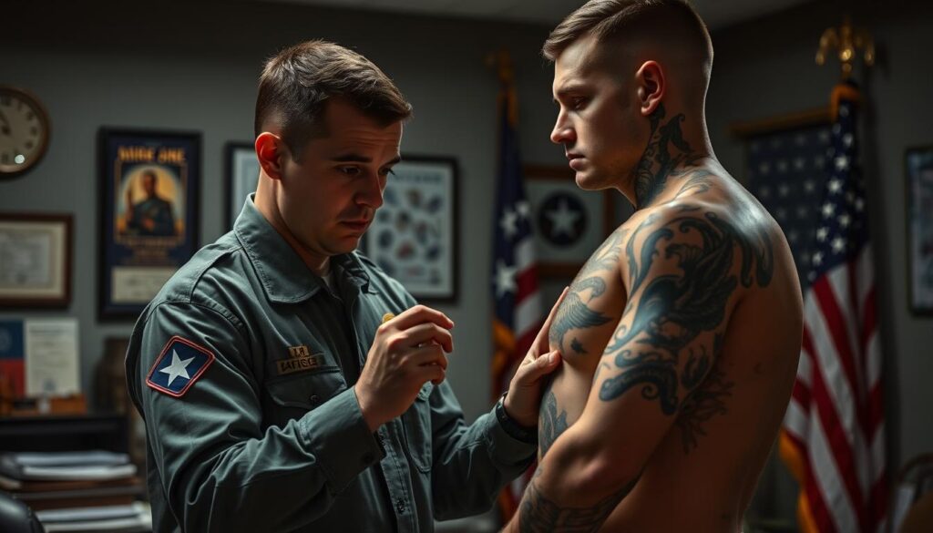A military recruiter examining the tattoos of a prospective enlistee against Air Force regulations, set in a dimly lit office with military memorabilia and a United States flag in the background. The recruiter's face is serious as they closely inspect the tattoos, evaluating their placement, size, and content to ensure compliance. The enlistee stands at attention, apprehensive yet resolute, their body adorned with intricate ink that tells a personal story. Soft, directional lighting casts dramatic shadows, heightening the tension and gravity of the moment as a critical career decision hangs in the balance. A military recruiter examining the tattoos of a prospective enlistee against Air Force regulations, set in a dimly lit office with military memorabilia and a United States flag in the background. The recruiter's face is serious as they closely inspect the tattoos, evaluating their placement, size, and content to ensure compliance. The enlistee stands at attention, apprehensive yet resolute, their body adorned with intricate ink that tells a personal story. Soft, directional lighting casts dramatic shadows, heightening the tension and gravity of the moment as a critical career decision hangs in the balance.