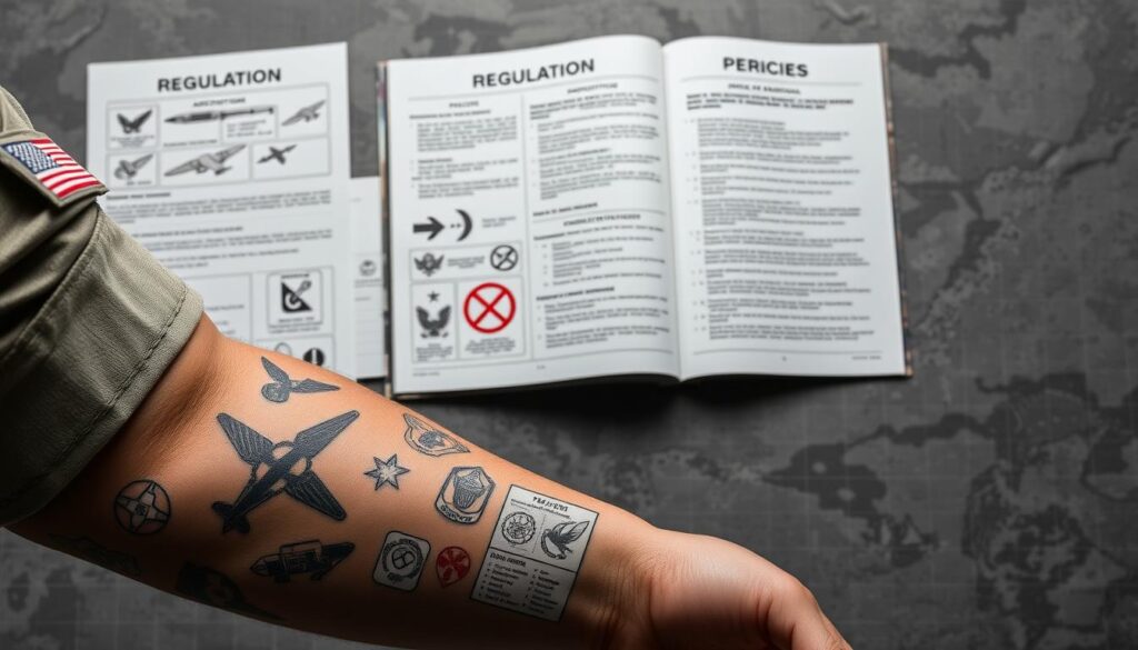 A military-themed collage featuring various regulations and guidelines regarding permitted and prohibited tattoos for Air Force personnel. The foreground depicts a close-up of a soldier's arm with a neatly arranged display of different tattoo designs, each meticulously annotated with their approval status. The middle ground showcases an open regulation manual with detailed policies and diagrams, while the background features a subdued, muted military setting with a faint grid pattern to evoke the structured nature of the guidelines. Lighting is soft and evenly distributed, creating a professional, informative atmosphere. The overall composition strikes a balance between technical precision and visual interest, effectively communicating the subject matter. A military-themed collage featuring various regulations and guidelines regarding permitted and prohibited tattoos for Air Force personnel. The foreground depicts a close-up of a soldier's arm with a neatly arranged display of different tattoo designs, each meticulously annotated with their approval status. The middle ground showcases an open regulation manual with detailed policies and diagrams, while the background features a subdued, muted military setting with a faint grid pattern to evoke the structured nature of the guidelines. Lighting is soft and evenly distributed, creating a professional, informative atmosphere. The overall composition strikes a balance between technical precision and visual interest, effectively communicating the subject matter.