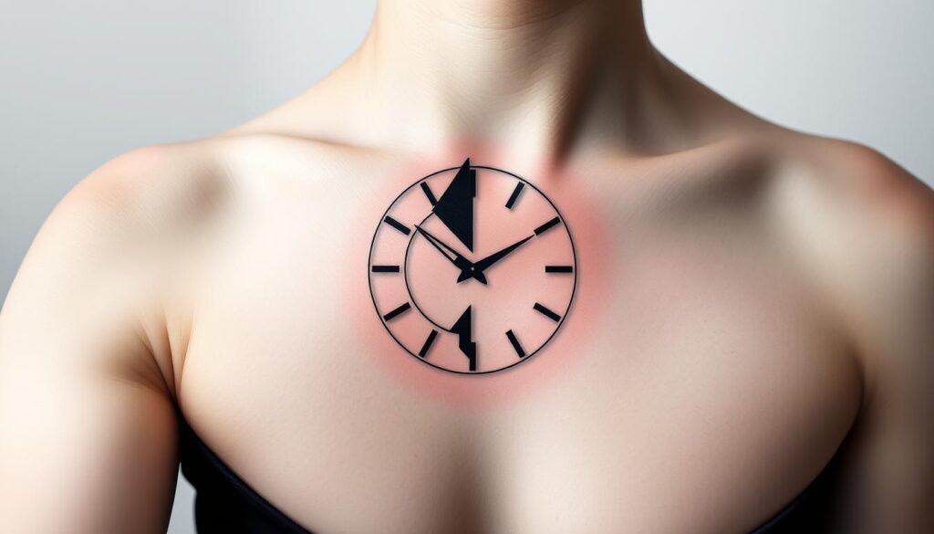 A minimalist alternative timepiece tattoo design featuring a unique and stylized clock face with abstract, geometric elements. The tattoo is centered on the foreground, with a clean, monochromatic color palette and a focus on bold lines and striking angular shapes. The clock face is set against a subtly textured skin-like background, creating a sleek, modern aesthetic. Soft, directional lighting accentuates the tattoo's graphic qualities, casting subtle shadows that add depth and dimension. The overall composition conveys a sense of sophisticated, contemporary design, perfectly suited for the "Alternative Timepiece Tattoos" section of the article.