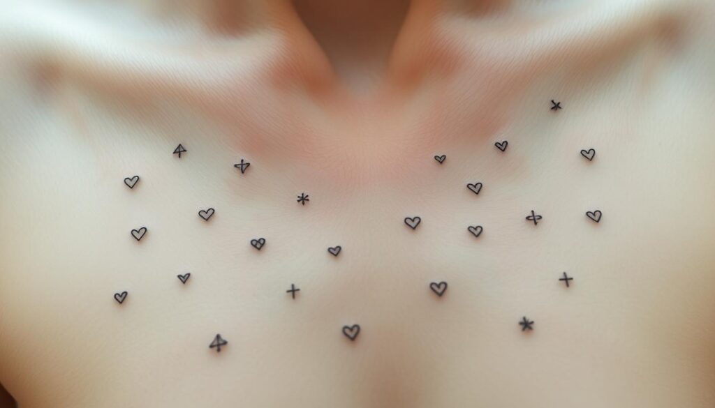 A minimalist arrangement of small, delicate tattoos on a pale, smooth skin canvas. The tattoos are simple line art designs, some geometric, others organic shapes, creating a harmonious, understated pattern. The lighting is soft and diffused, emphasizing the subtle beauty of these diminutive, meaningful markings. The camera angle is close-up, highlighting the intricate details and the intimate, personal nature of these small, meaningful tattoos.