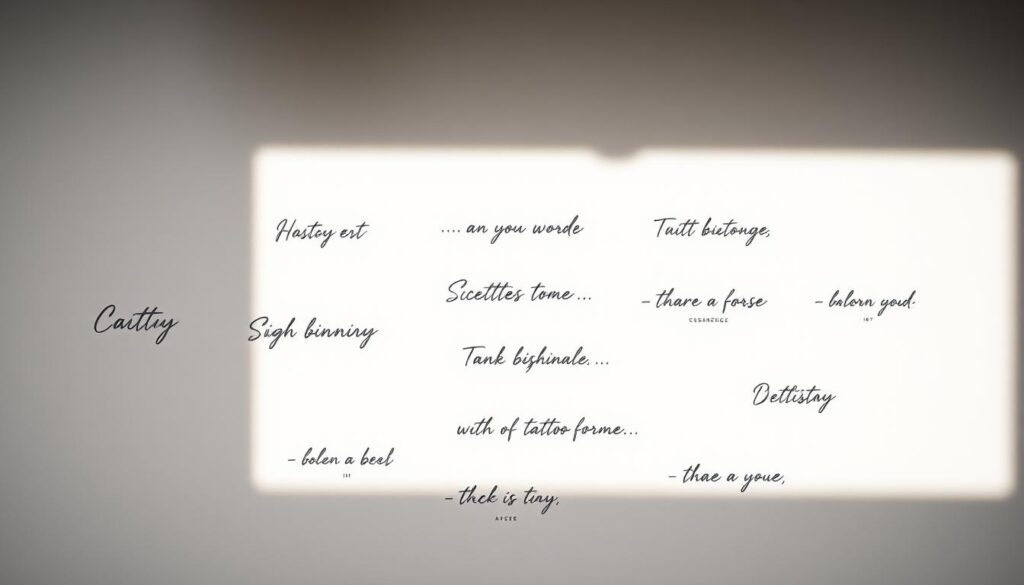 A minimalist, elegant arrangement of small tattoo designs featuring cursive words, short quotes, and simple line art. The tattoos are displayed on a softly-lit, muted background, with a focus on the delicate details and minimalist aesthetic. The design is composed in a balanced, visually-appealing layout, showcasing the versatility and beauty of these small, meaningful tattoos. Subtle textures and lighting create a serene, intimate atmosphere, highlighting the personal, expressive nature of the word and quote tattoos.