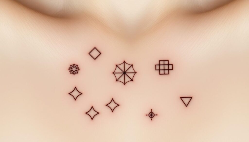A minimalist, geometric arrangement of small, abstract tattoo designs on pale, smooth skin. The tattoos feature clean, crisp lines and shapes in a muted, earthy color palette, creating a visually striking, yet understated composition. Soft, even lighting from an overhead source casts subtle shadows, accentuating the geometric patterns. The camera captures a tight, close-up framing, emphasizing the intricate details and delicate nature of these small, meaningful tattoos.