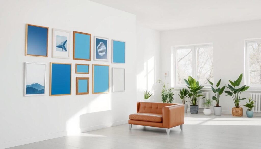 A minimalist living room with a bright, airy atmosphere. In the foreground, a gallery wall displays a collection of square command strip art pieces in a variety of colors - vibrant blues, soft pastels, metallic accents. The frames are sleek and modern, seamlessly blending into the clean white walls. Subtle shadows and highlights create depth and dimension, suggesting the lightweight and removable nature of the command strip hanging solution. The middle ground features a cozy leather sofa and potted plants, while the background showcases large windows letting in natural light. An overall sense of simplicity, organization, and creativity pervades the scene.