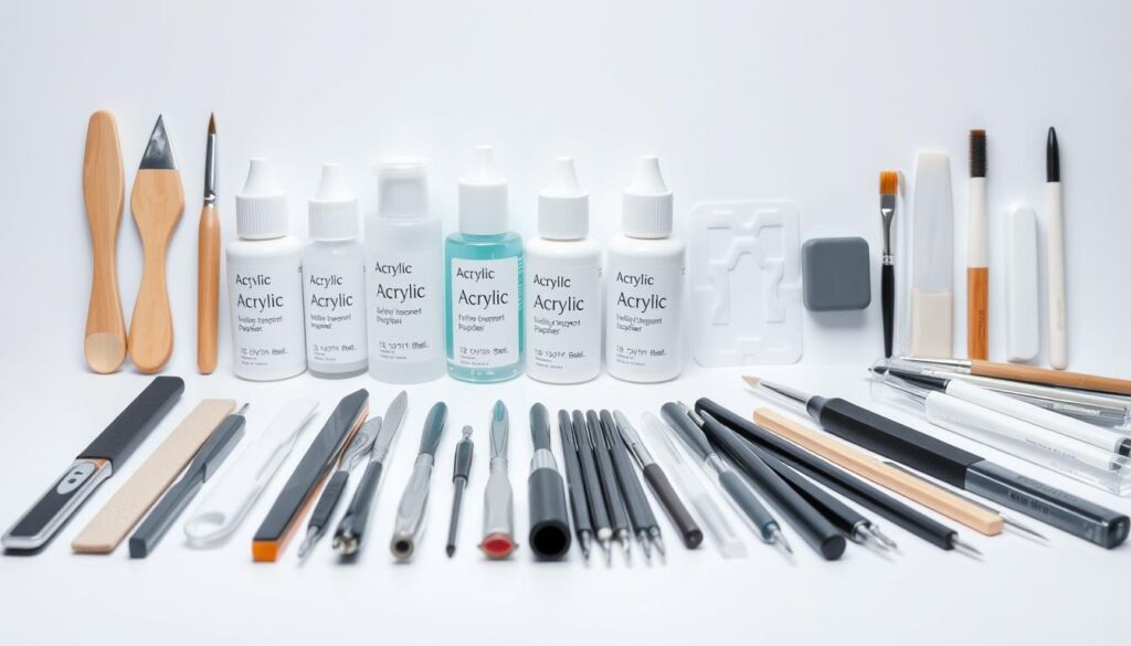 A minimalist still life composition of acrylic nail tools and products, arranged on a clean, white background. In the foreground, an array of nail files, buffers, and cuticle pushers in various shapes and textures. In the middle ground, bottles of acrylic nail primer, monomer, and polymer in sleek, modern packaging. The background features a selection of acrylic nail tips, forms, and brushes, all evenly lit from above, creating soft shadows and highlights that emphasize the three-dimensional nature of the objects. The overall mood is one of professionalism, precision, and attention to detail, reflecting the specialized tools and products required for creating long-lasting, high-quality acrylic nails.