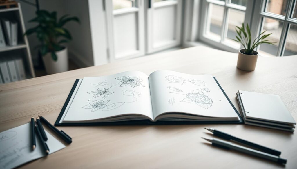 A minimalist studio interior, softly lit with natural light filtering through large windows. In the center, a portfolio of fine line tattoo designs lies open on a clean, wooden desk. The pages showcase delicate linework, intricate patterns, and subtle shading, hinting at the artist's meticulous attention to detail. Surrounding the portfolio are a few essential tools - thin-tipped pens, a sketchpad, and a small potted plant, creating a tranquil, focused atmosphere. The overall mood is one of quiet contemplation, inviting the viewer to closely examine the artist's work and imagine the care and skill that went into each piece.