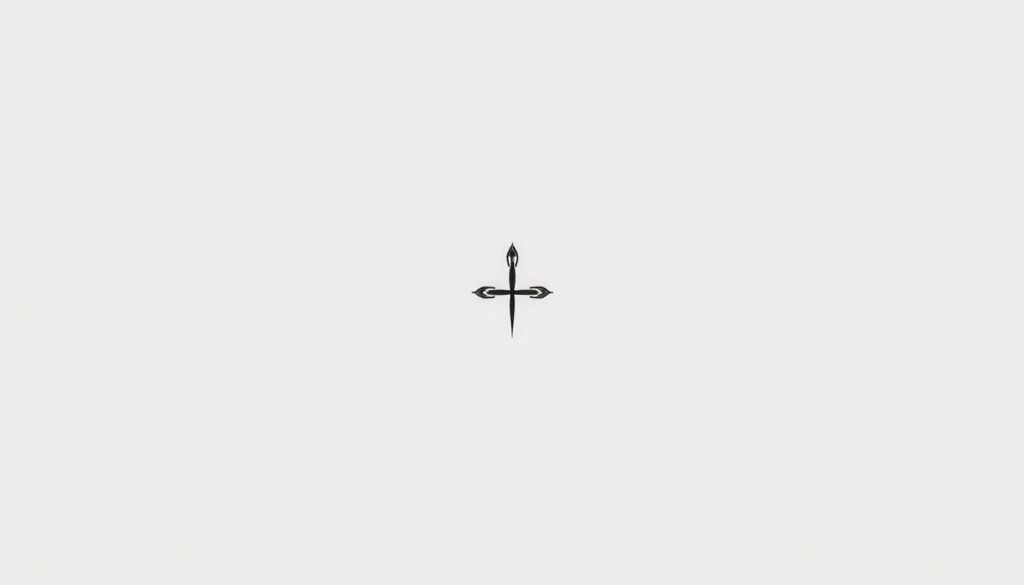A minimalist tattoo design depicting a simple, elegant symbol against a clean, neutral background. The symbol should be the focal point, rendered in fine, precise lines that convey a sense of balance and restraint. The overall composition should have a tranquil, meditative quality, with subtle lighting that casts soft shadows and highlights the delicate linework. The design should possess a timeless, understated aesthetic that evokes the symbolism and meaning behind minimalist tattoos.