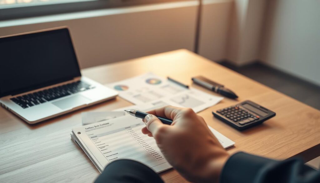A minimalist workspace with a laptop, financial documents, and a calculator arranged neatly on a sleek, wooden desk. Soft, diffused lighting from a large window casts a warm, focused glow on the scene. In the foreground, a hand holding a pen hovers over a budget planner, carefully considering tattoo design and placement options. The background is blurred, emphasizing the thoughtful, budgeting process. The overall mood is one of careful planning and financial responsibility, reflecting the "Budgeting for Your Tattoo Investment" theme.