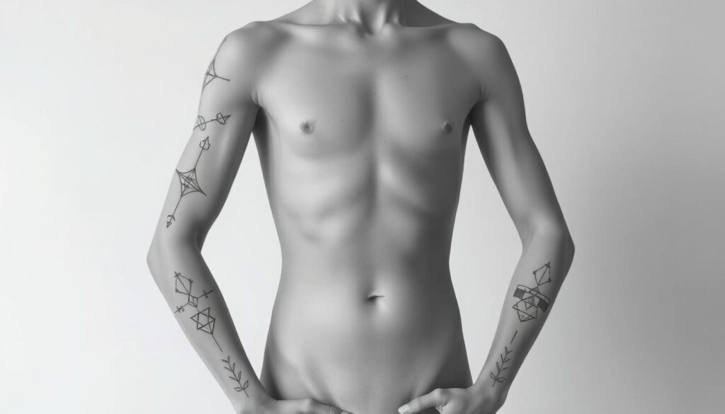A minimalist yet captivating let them tattoo design. In the foreground, a simple outline of a human figure, its limbs adorned with minimalist tattoo patterns - clean lines, geometric shapes, and subtle flourishes. The figure is rendered in a muted, monochromatic palette, casting a contemplative mood. The middle ground features a sparse, understated background, perhaps a plain wall or a soft, textured surface, allowing the tattoo design to take center stage. Soft, diffused lighting illuminates the scene, creating a sense of tranquility and introspection. The overall composition exudes a sense of elegant restraint, inviting the viewer to appreciate the beauty in simplicity and the power of self-expression through minimalist tattoo art.