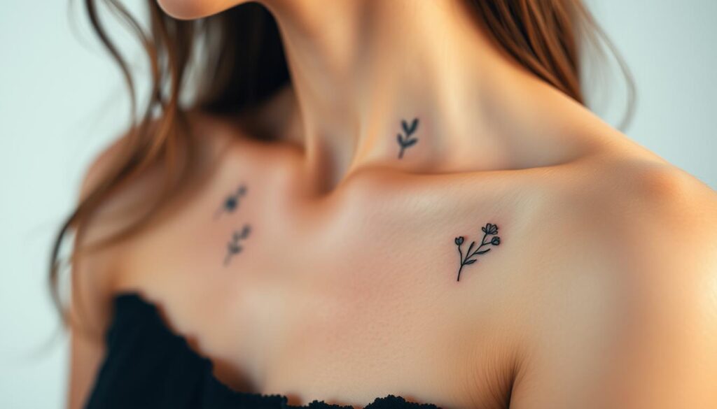 A minimalist yet striking close-up shot of delicate nature-inspired small tattoos decorating a model's skin. The foreground features a series of fine-line floral and botanical designs, like a blossoming wildflower, a wispy leaf, or a simple branch. The middle ground showcases the tattoos' placement on the skin, perhaps on the wrist, behind the ear, or along the collarbone, creating a sense of harmony with the natural canvas. The background is subtly blurred, keeping the focus on the intricate, meaningful tattoo artwork. The lighting is soft and diffused, casting a gentle, serene glow. The overall mood is one of understated elegance and a deep appreciation for the beauty of the natural world.