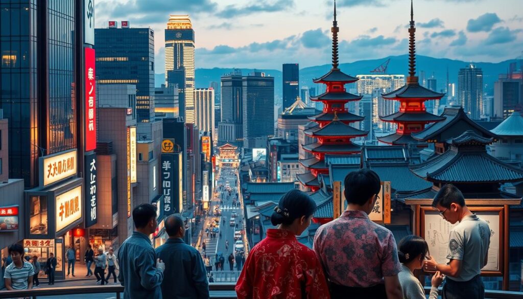 A modern Japanese cityscape, with neon-lit skyscrapers and bustling streets. In the foreground, a group of people in traditional attire stand before a government office, discussing legal regulations surrounding tattooing. The mid-ground features a tattoo artist's studio, where a customer is receiving a delicate, intricate design. The background showcases the rich cultural heritage, with ancient temples and shrines blending seamlessly with contemporary architecture. The scene is illuminated by a warm, golden-hour lighting, creating a sense of balance between tradition and modernity, and highlighting the intersection of law, art, and personal expression in the world of Japanese tattoos.