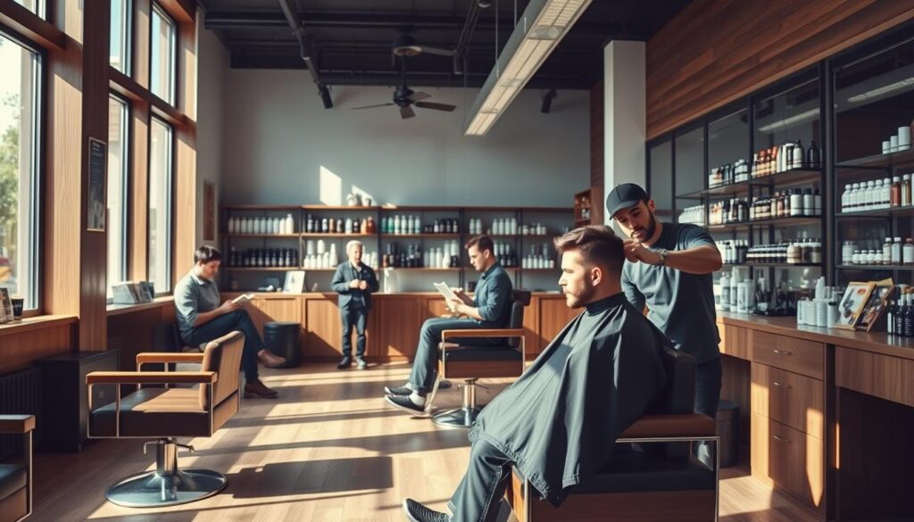 A modern, minimalist barbershop interior with natural lighting streaming through large windows, wooden accents, and a sleek, minimalist aesthetic. In the foreground, a barber skillfully trimming the hair of a customer sitting in a classic leather-upholstered chair. In the middle ground, a few other customers waiting their turn, casually browsing magazines or scrolling on their phones. The background features shelves displaying an array of affordable, high-quality haircare products. The overall atmosphere conveys an affordable, no-frills approach to haircuts, with a focus on efficiency, quality, and a relaxed, welcoming ambiance. A modern, minimalist barbershop interior with natural lighting streaming through large windows, wooden accents, and a sleek, minimalist aesthetic. In the foreground, a barber skillfully trimming the hair of a customer sitting in a classic leather-upholstered chair. In the middle ground, a few other customers waiting their turn, casually browsing magazines or scrolling on their phones. The background features shelves displaying an array of affordable, high-quality haircare products. The overall atmosphere conveys an affordable, no-frills approach to haircuts, with a focus on efficiency, quality, and a relaxed, welcoming ambiance.