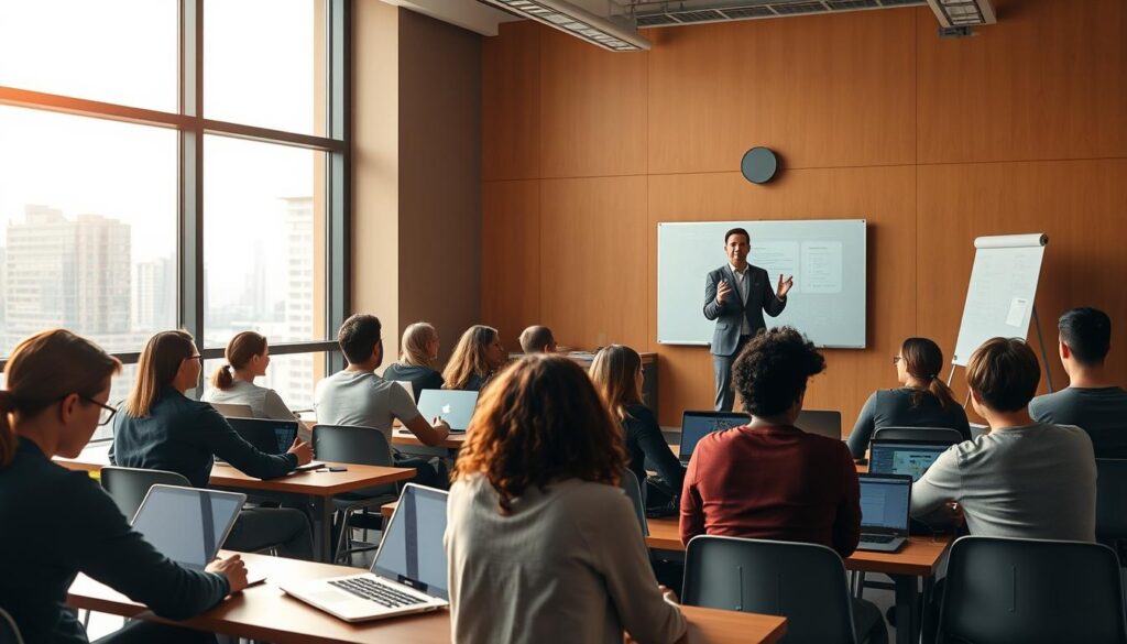 A modern, well-lit classroom interior with large windows overlooking a cityscape. In the foreground, a group of diverse students sit at desks, intently focused on their laptops and tablets. A teacher stands at the front, hands gesturing as they explain a concept on the digital whiteboard. Warm, natural lighting filters in, creating a productive and engaging atmosphere. The scene conveys the dynamic nature of contemporary online learning, where technology seamlessly integrates with traditional educational practices.
