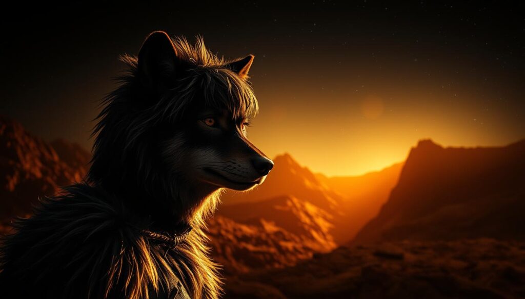 A moody, atmospheric scene depicting the origins of the wolf cut trend. In the foreground, a wolf-like figure with a distinctive layered hairstyle stands proudly, its piercing eyes gazing into the distance. The middle ground features a rugged, mountainous landscape bathed in a warm, golden light, hinting at the trend's natural, untamed inspiration. In the background, a starry night sky adds a sense of mystery and timelessness, suggesting the enduring appeal of this hairstyle. The overall mood is one of primal power, rugged beauty, and a connection to the wild. Dramatic, high-contrast lighting and a cinematic camera angle emphasize the dramatic, almost mythical nature of the wolf cut's origins.