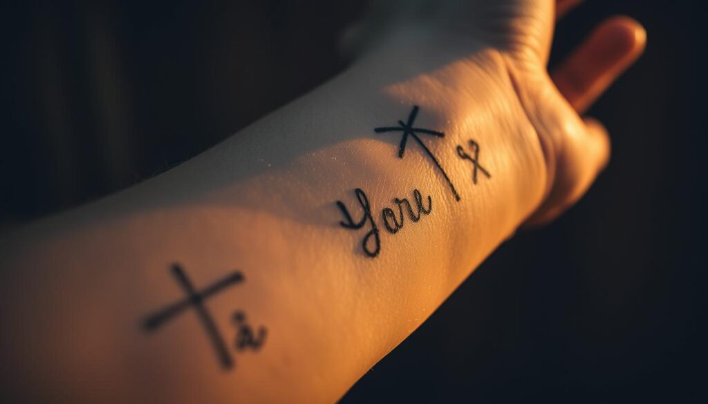 A moody close-up of simple line tattoos on a male's forearm, each design holding personal significance. The tattoos are minimalist, with clean lines and subtle shading, arranged in a thoughtful composition. The skin has a natural, textured quality, with pores and fine hairs visible. Warm, directional lighting casts soft shadows, creating depth and dimension. The background is out of focus, blurred to draw the eye to the intricate tattoo work. The overall tone is contemplative, hinting at the meaningful stories behind these personal ink markings.