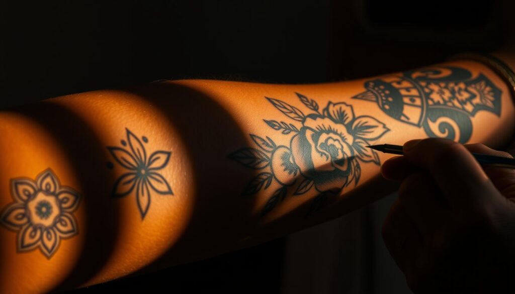 A moody close-up shot of a person's arm, showcasing various techniques for covering up a dark, prominent tattoo. The skin is illuminated by warm, directional lighting, casting soft shadows and highlighting the intricate details of the cover-up design. The foreground features a range of cover-up techniques, such as layered floral patterns, geometric shapes, and abstract elements, seamlessly blending with the original tattoo. The middle ground shows the process of applying the cover-up, with tools and inks visible. The background is slightly blurred, creating a sense of depth and focus on the cover-up itself. The overall atmosphere is one of transformation, skill, and the art of tattooing.