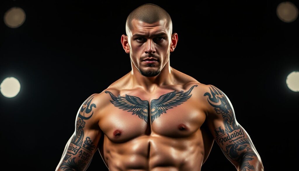 A muscular Dustin Poirier, a mixed martial arts fighter, stands tall and proud, his toned arms and chiseled physique on full display. Intricate tattoos adorn his skin, telling the story of his warrior spirit. The foreground captures the intense gaze and determined expression on his face, radiating an aura of strength and resilience. In the middle ground, the tattoos come into focus, revealing intricate designs and symbols that represent his journey, passions, and beliefs. The background is dimly lit, creating a moody and atmospheric setting that enhances the sense of power and intensity. Dramatic lighting casts shadows that accentuate the contours of his body, emphasizing the raw power and athleticism. The overall impression is one of a fierce, battle-hardened warrior, whose tattoos are a testament to his unwavering spirit.