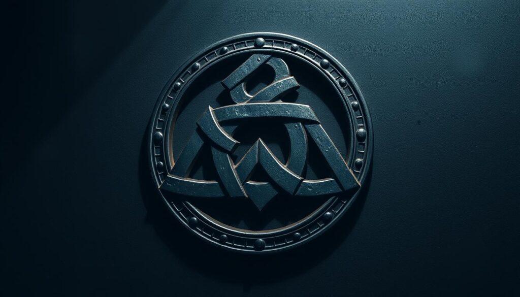 A mystic Valknut symbol, its three interlocked triangles symbolizing unity, a gateway to the realm of Valhalla. Render this ancient Norse emblem with precise, ornate detail, etched in dark, metallic tones against a moody, atmospheric backdrop. Capture the rugged, primal essence of Viking culture - a sense of strength, honor, and connection to the unseen forces of the Norse pantheon. Dramatic low-angle lighting casts dramatic shadows, heightening the symbol's bold, symbolic presence. Convey a sense of reverence and veneration, as if this Valknut is a sacred, talismanic artifact.