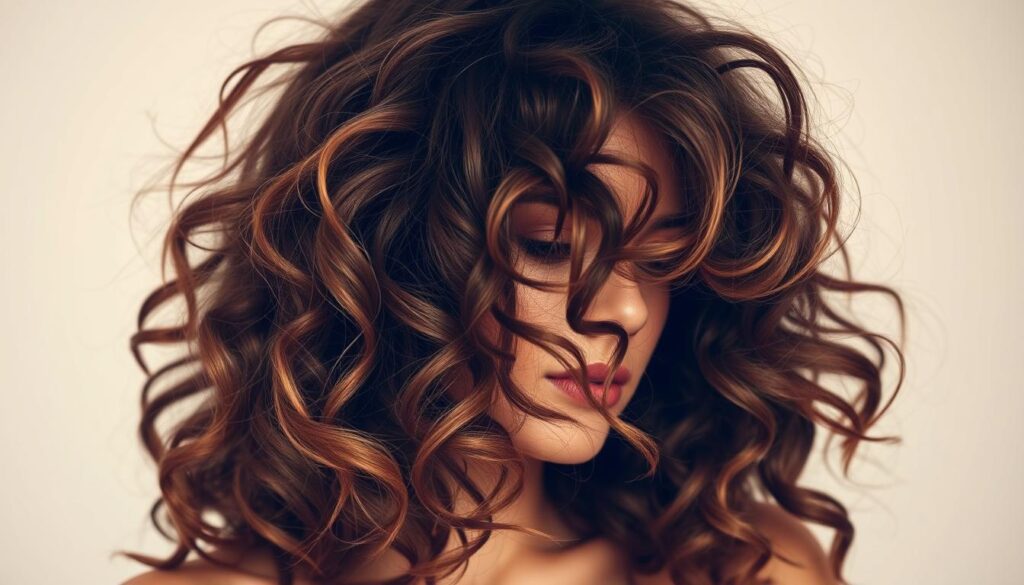 A natural, textured hairstyle with voluminous, defined curls cascading over the shoulders. The hair should have a slightly disheveled, wind-swept appearance, reflecting an effortless, relaxed aesthetic. The lighting should be soft and diffused, creating a warm, golden glow that accentuates the individual curl patterns and highlights the hair's natural movement. The background should be a simple, neutral palette, allowing the hairstyle to be the focal point of the image. The overall mood should convey a sense of casual sophistication, embodying the essence of the "Curly Wolf Cut" trend.