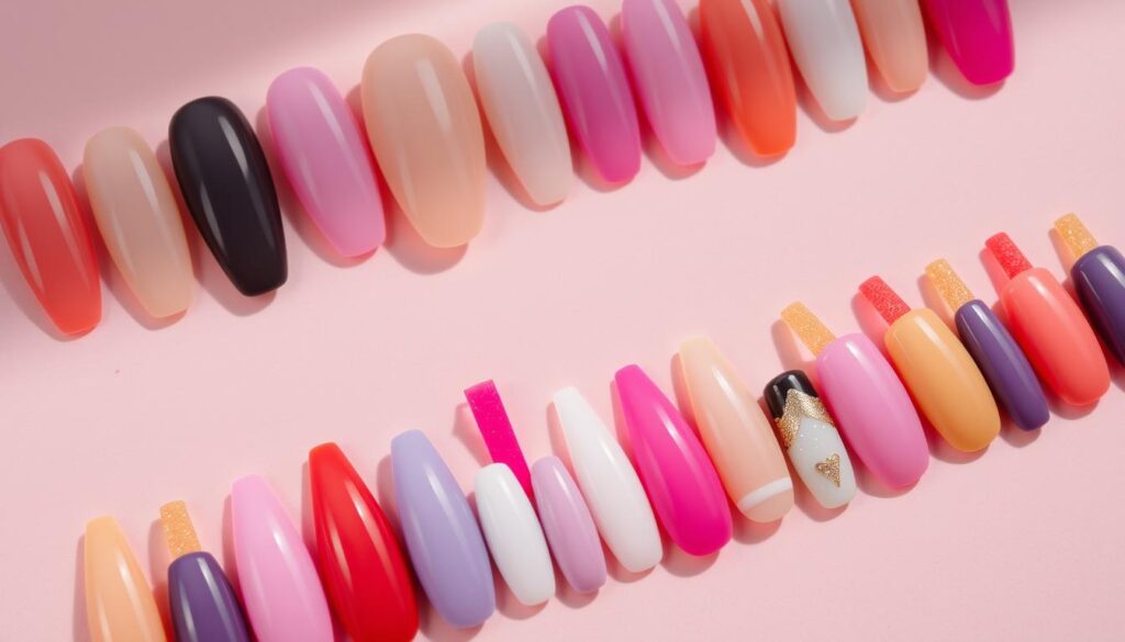 A neatly arranged array of colorful press-on nails against a soft, pastel-tinted background. The nails are displayed in a visually appealing manner, showcasing their various shapes, lengths, and textures. Delicate lighting casts gentle shadows, highlighting the dimension and tactile quality of the nails. The overall composition exudes a sense of elegance and sophistication, conveying the benefits of using press-on nails, such as convenience, versatility, and the ability to achieve a professional-looking manicure without the time and cost of a salon visit. A neatly arranged array of colorful press-on nails against a soft, pastel-tinted background. The nails are displayed in a visually appealing manner, showcasing their various shapes, lengths, and textures. Delicate lighting casts gentle shadows, highlighting the dimension and tactile quality of the nails. The overall composition exudes a sense of elegance and sophistication, conveying the benefits of using press-on nails, such as convenience, versatility, and the ability to achieve a professional-looking manicure without the time and cost of a salon visit.