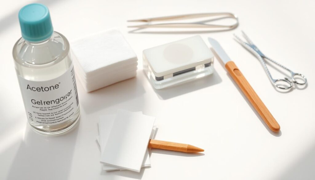 A neatly arranged array of gel nail removal essentials on a white tabletop. In the foreground, acetone nail polish remover, cotton pads, and a wooden cuticle pusher. In the middle ground, a glass nail file and a nail buffer block. The background features a silver metal cuticle trimmer and a pair of tweezers. Soft, natural lighting illuminates the scene, casting gentle shadows and highlighting the textures of the materials. The overall mood is one of preparation and attention to detail, setting the stage for the process of gel nail polish removal. A neatly arranged array of gel nail removal essentials on a white tabletop. In the foreground, acetone nail polish remover, cotton pads, and a wooden cuticle pusher. In the middle ground, a glass nail file and a nail buffer block. The background features a silver metal cuticle trimmer and a pair of tweezers. Soft, natural lighting illuminates the scene, casting gentle shadows and highlighting the textures of the materials. The overall mood is one of preparation and attention to detail, setting the stage for the process of gel nail polish removal.