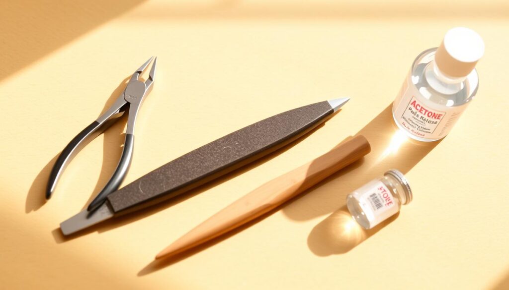 A neatly arranged collection of acrylic removal tools, including a sharp cuticle nipper, a fine-grained nail file, a wooden cuticle pusher, and a small acetone-based nail polish remover. The tools are displayed on a clean, brightly lit wooden surface, casting subtle shadows and reflecting the warm, natural lighting. The overall scene conveys a sense of order and professionalism, inviting the viewer to confidently prepare their workspace for the safe and effective removal of acrylics. A neatly arranged collection of acrylic removal tools, including a sharp cuticle nipper, a fine-grained nail file, a wooden cuticle pusher, and a small acetone-based nail polish remover. The tools are displayed on a clean, brightly lit wooden surface, casting subtle shadows and reflecting the warm, natural lighting. The overall scene conveys a sense of order and professionalism, inviting the viewer to confidently prepare their workspace for the safe and effective removal of acrylics.