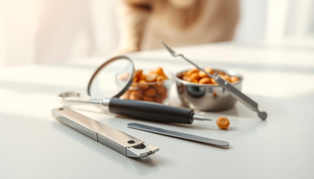 A neatly arranged collection of cat nail trimming tools on a clean, light-colored surface. In the foreground, a sharp pair of stainless steel pet nail clippers and a small file. In the middle ground, a magnifying glass, a pair of tweezers, and a small bowl of treats to reward the cat. The background features a soft, out-of-focus backdrop, creating a sense of focus and clarity on the essential tools. Warm, natural lighting from the side casts gentle shadows, emphasizing the textures and details of the implements. The overall mood is one of precision, care, and attention to the cat's comfort and wellbeing. A neatly arranged collection of cat nail trimming tools on a clean, light-colored surface. In the foreground, a sharp pair of stainless steel pet nail clippers and a small file. In the middle ground, a magnifying glass, a pair of tweezers, and a small bowl of treats to reward the cat. The background features a soft, out-of-focus backdrop, creating a sense of focus and clarity on the essential tools. Warm, natural lighting from the side casts gentle shadows, emphasizing the textures and details of the implements. The overall mood is one of precision, care, and attention to the cat's comfort and wellbeing.