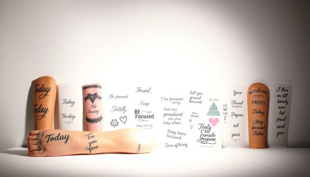 A neatly arranged collection of daily reminder tattoos against a minimalist background. In the foreground, intricate designs featuring simple yet impactful words and phrases like "Today", "Be Present", and "Stay Focused" adorn various body parts, capturing the essence of these meaningful, ever-present reminders. The middle ground showcases a variety of tattoo styles, from delicate line work to bold typographic elements, all illuminated by soft, diffused lighting that creates a contemplative atmosphere. In the background, a clean, neutral backdrop allows the tattoos to take center stage, emphasizing their power to inspire and ground the wearer in the moment, day after day.